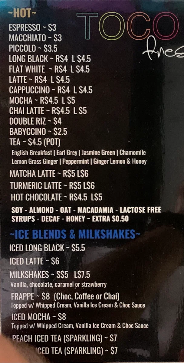 Menu, Toco Fresh Concord