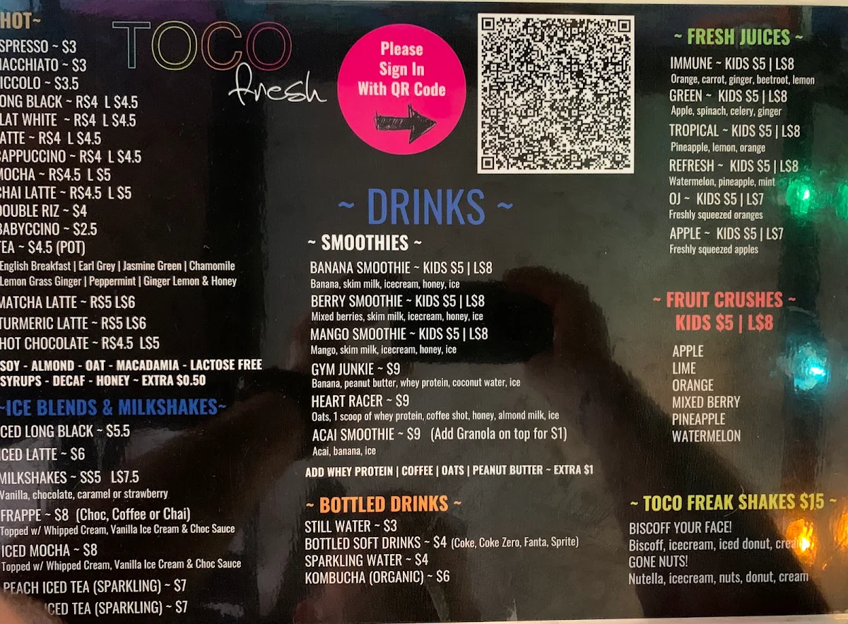 Menu, Toco Fresh Concord