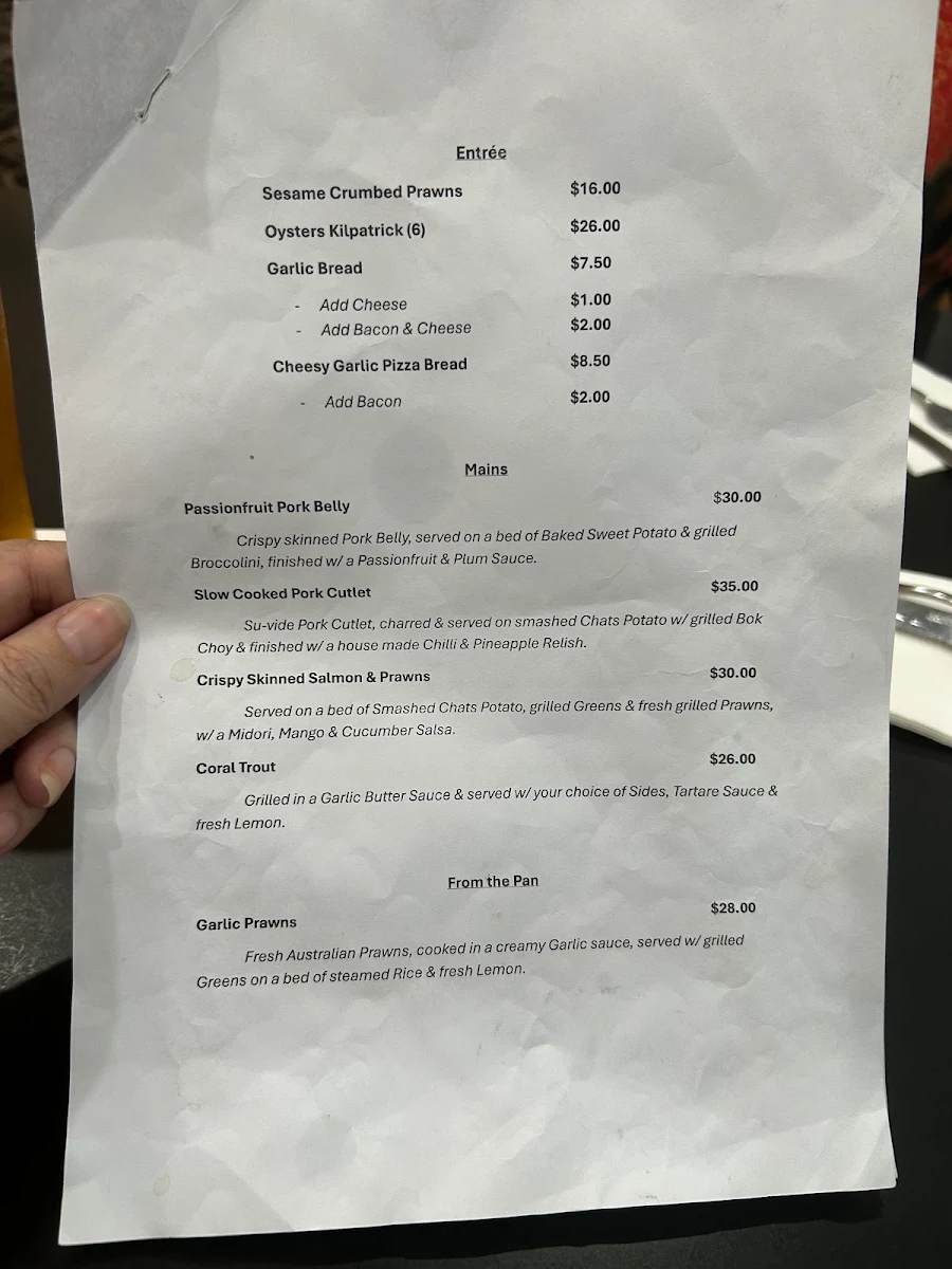 Menu, East End Hotel