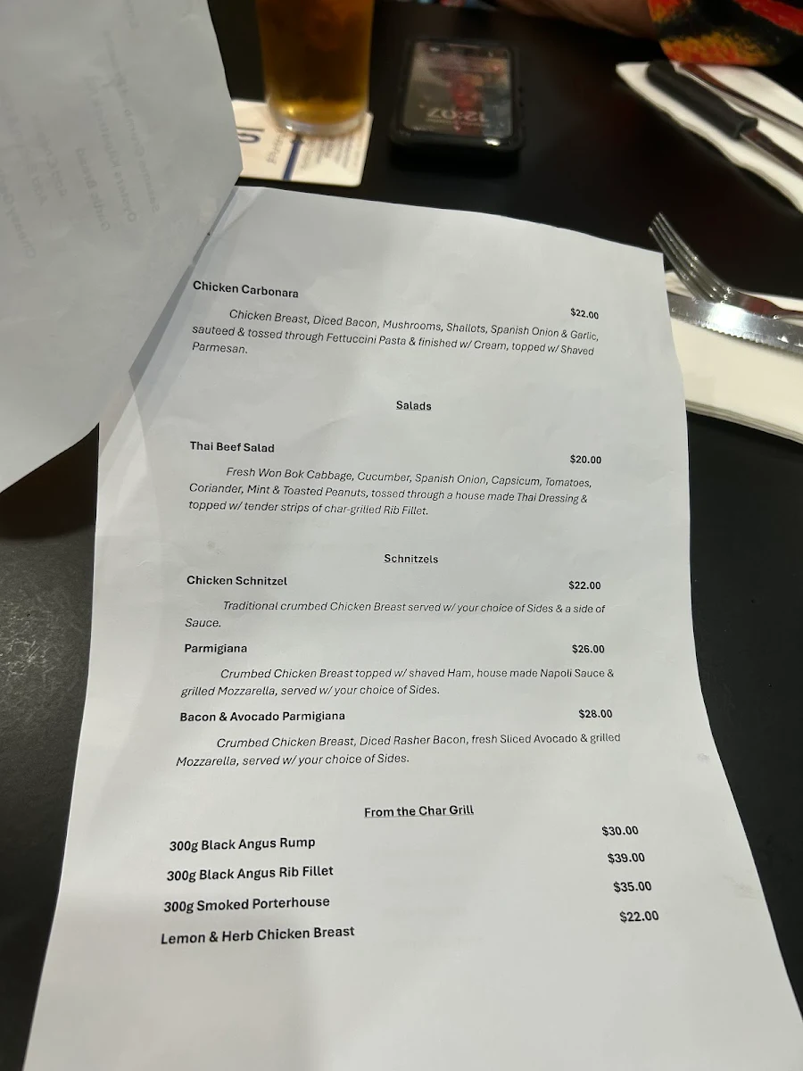 Menu, East End Hotel
