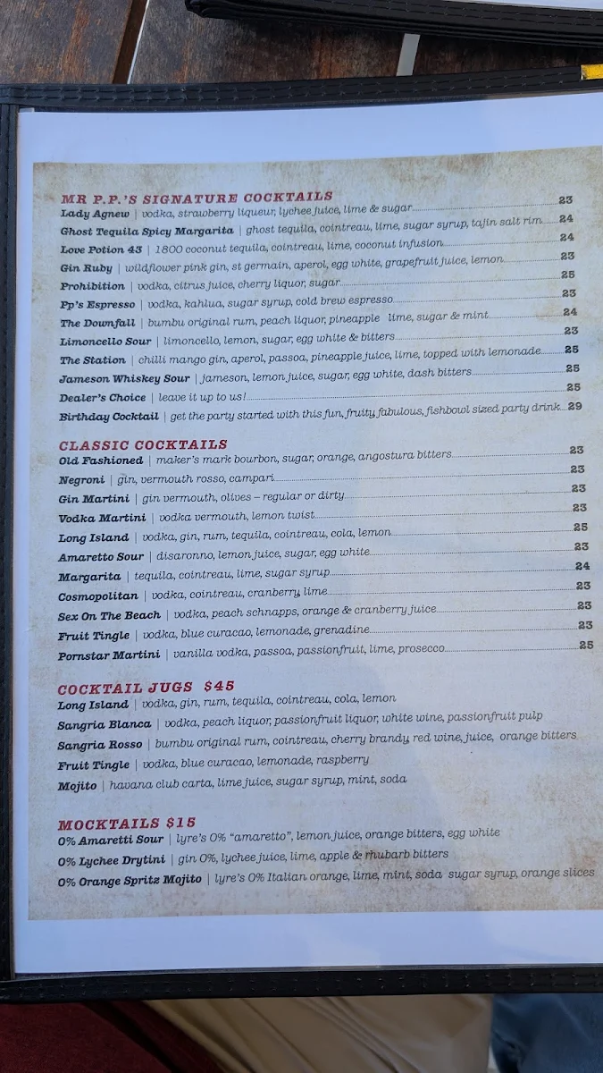 Menu, Mr PP's Rooftop and Laneway
