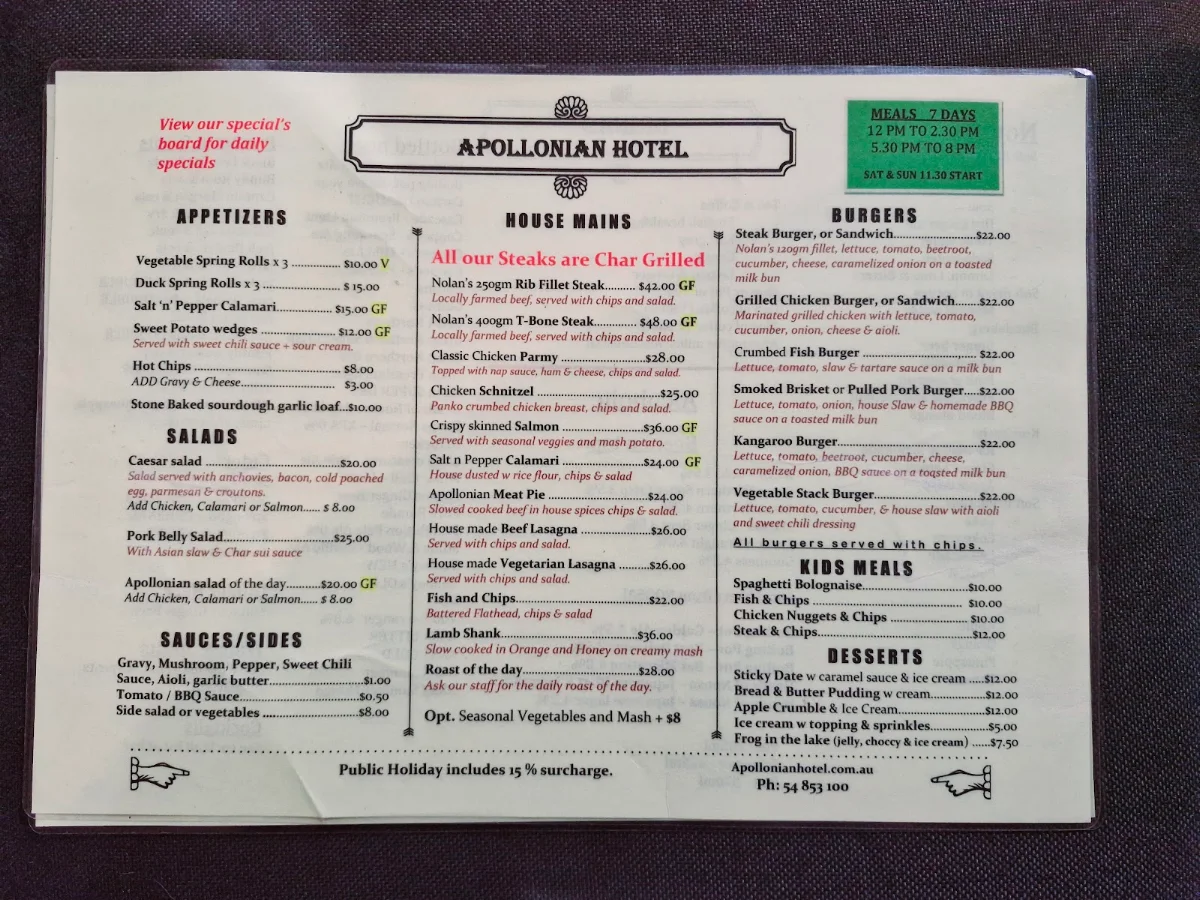 Menu, Apollonian Hotel