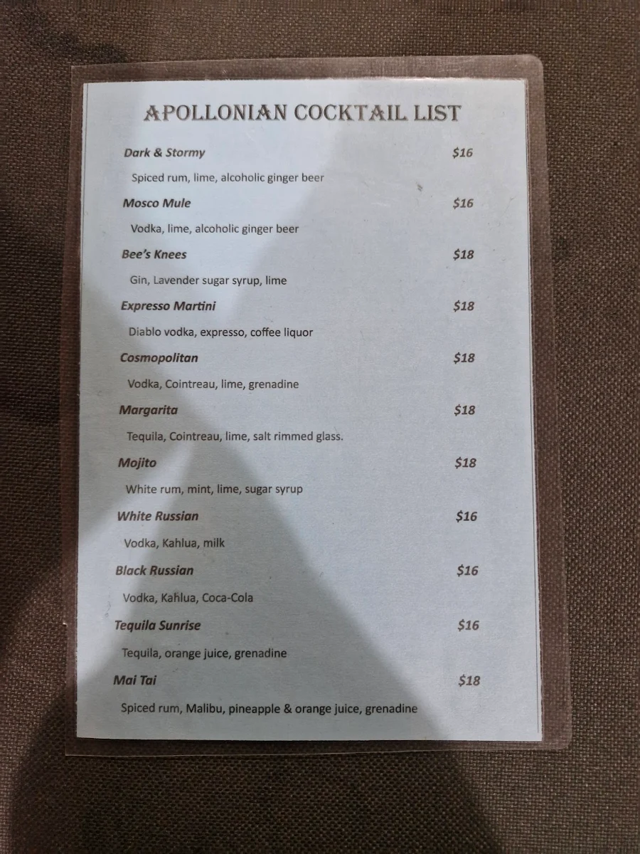 Menu, Apollonian Hotel