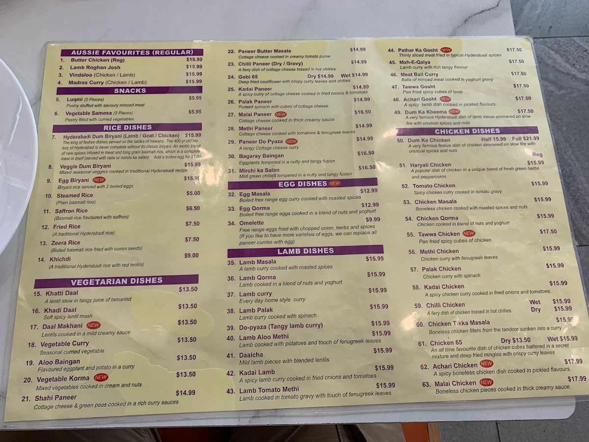 Menu, Biryani House Hoppers Crossing