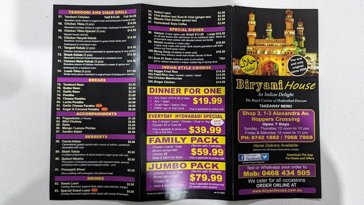 Menu, Biryani House Hoppers Crossing