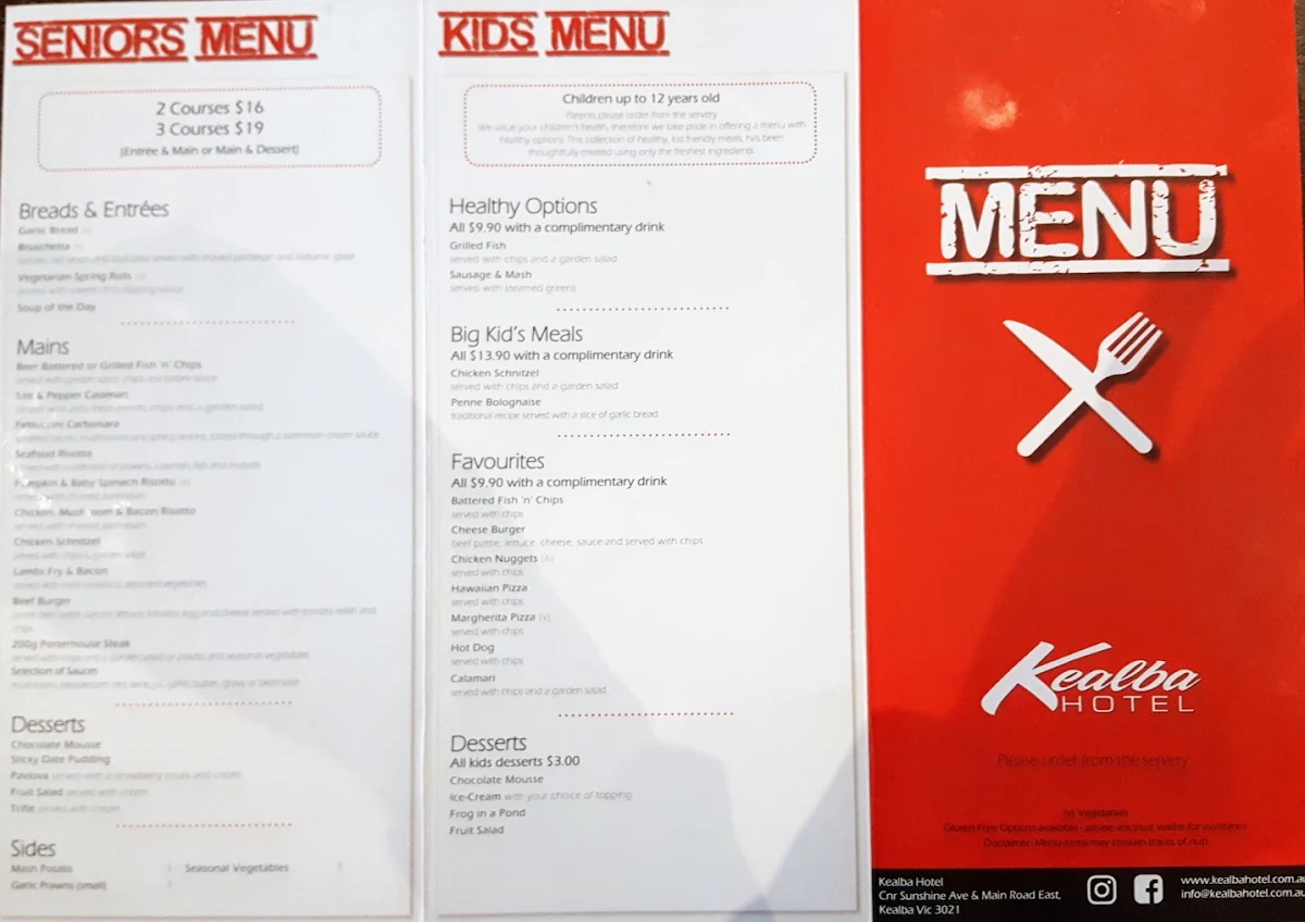 Menu, Kealba Hotel