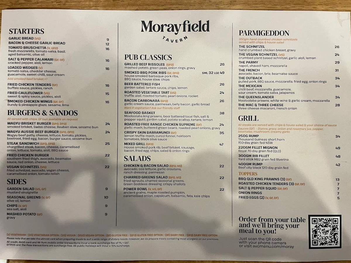 Menu, Morayfield Tavern