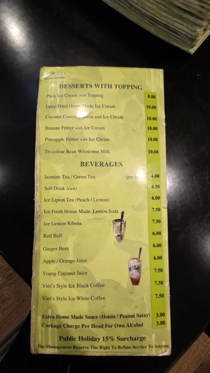 Menu, Mints on Rosalie