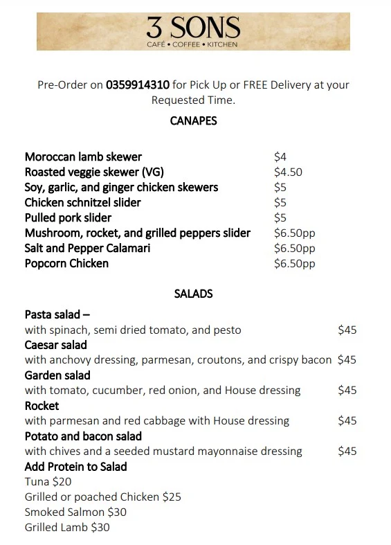 Menu, 3 Sons Cafe