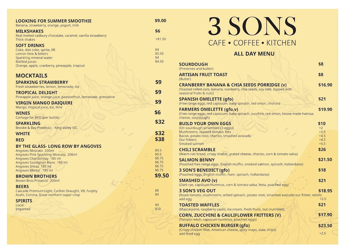 Menu, 3 Sons Cafe