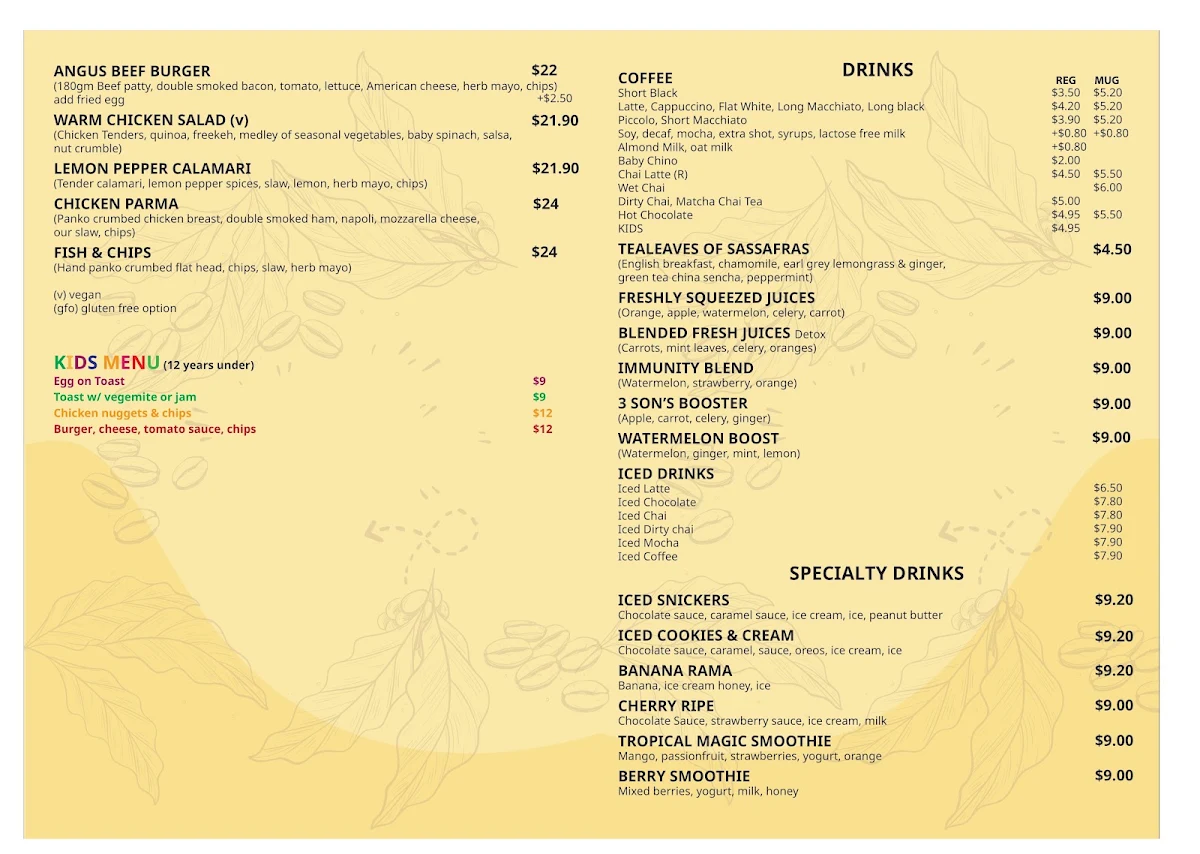Menu, 3 Sons Cafe