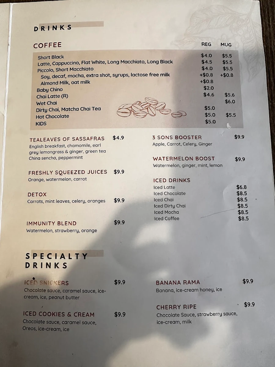 Menu, 3 Sons Cafe