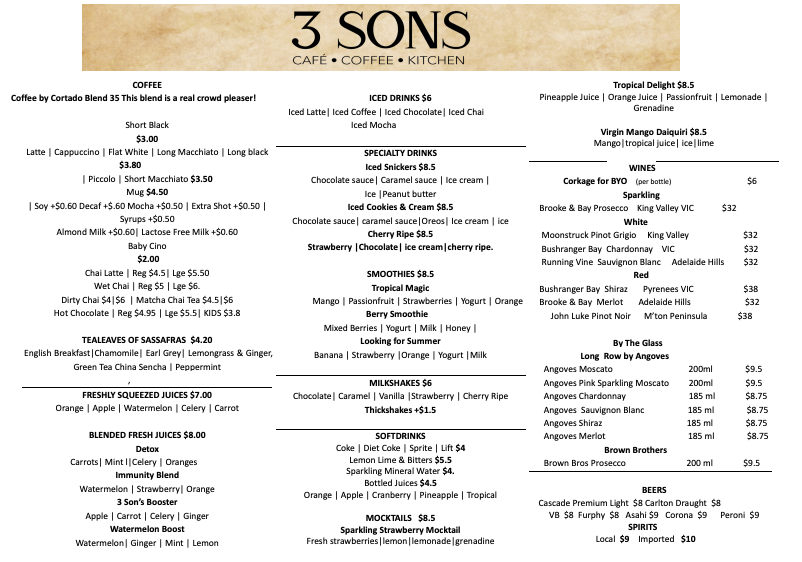 Menu, 3 Sons Cafe