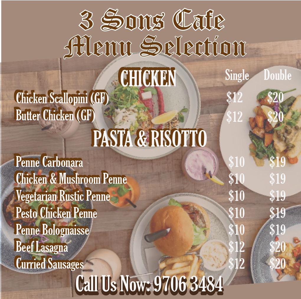 Menu, 3 Sons Cafe