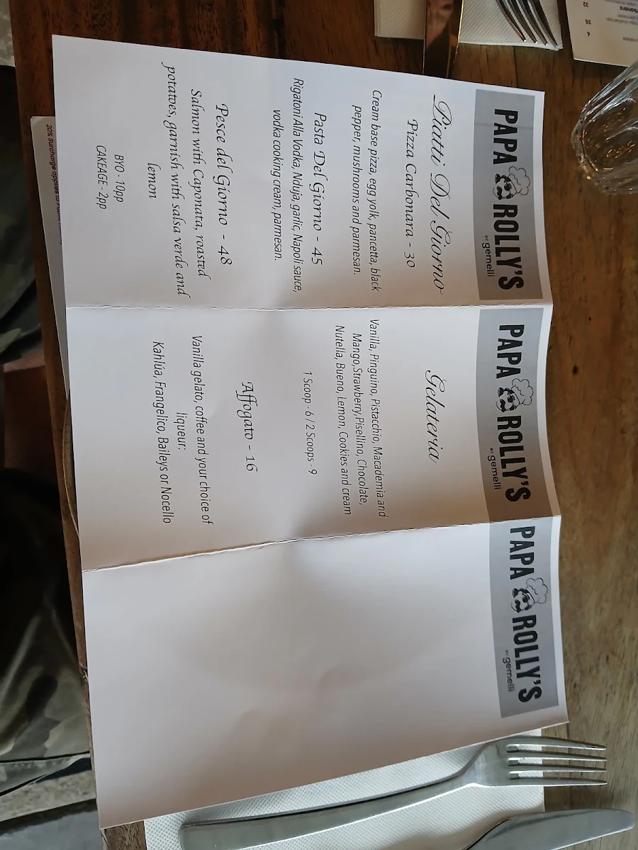 Menu, Papa Rolly's
