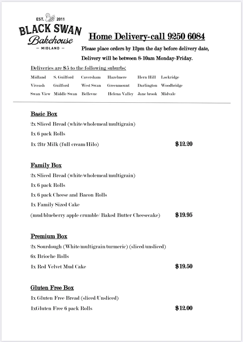 Menu, Black Swan Bakehouse