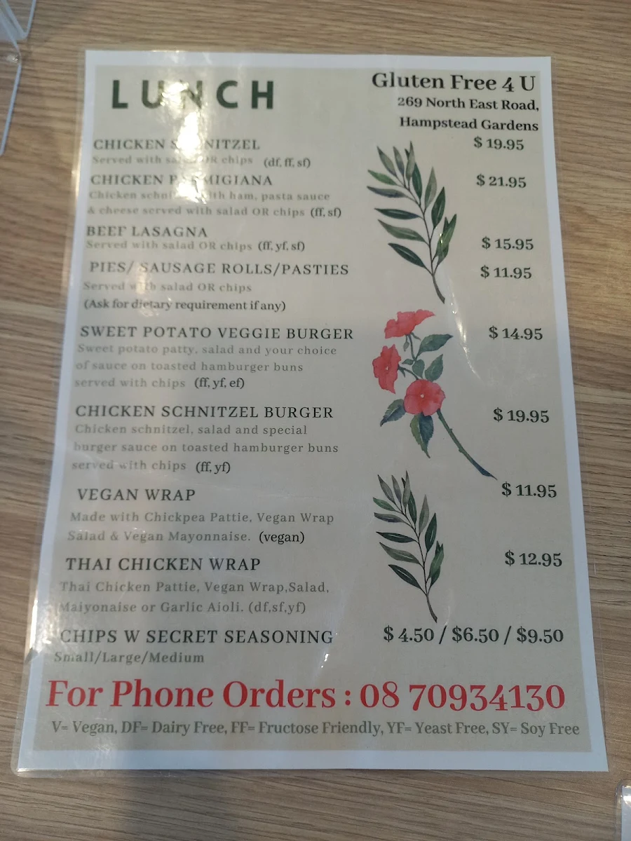 Menu, Gluten Free 4 U Adelaide