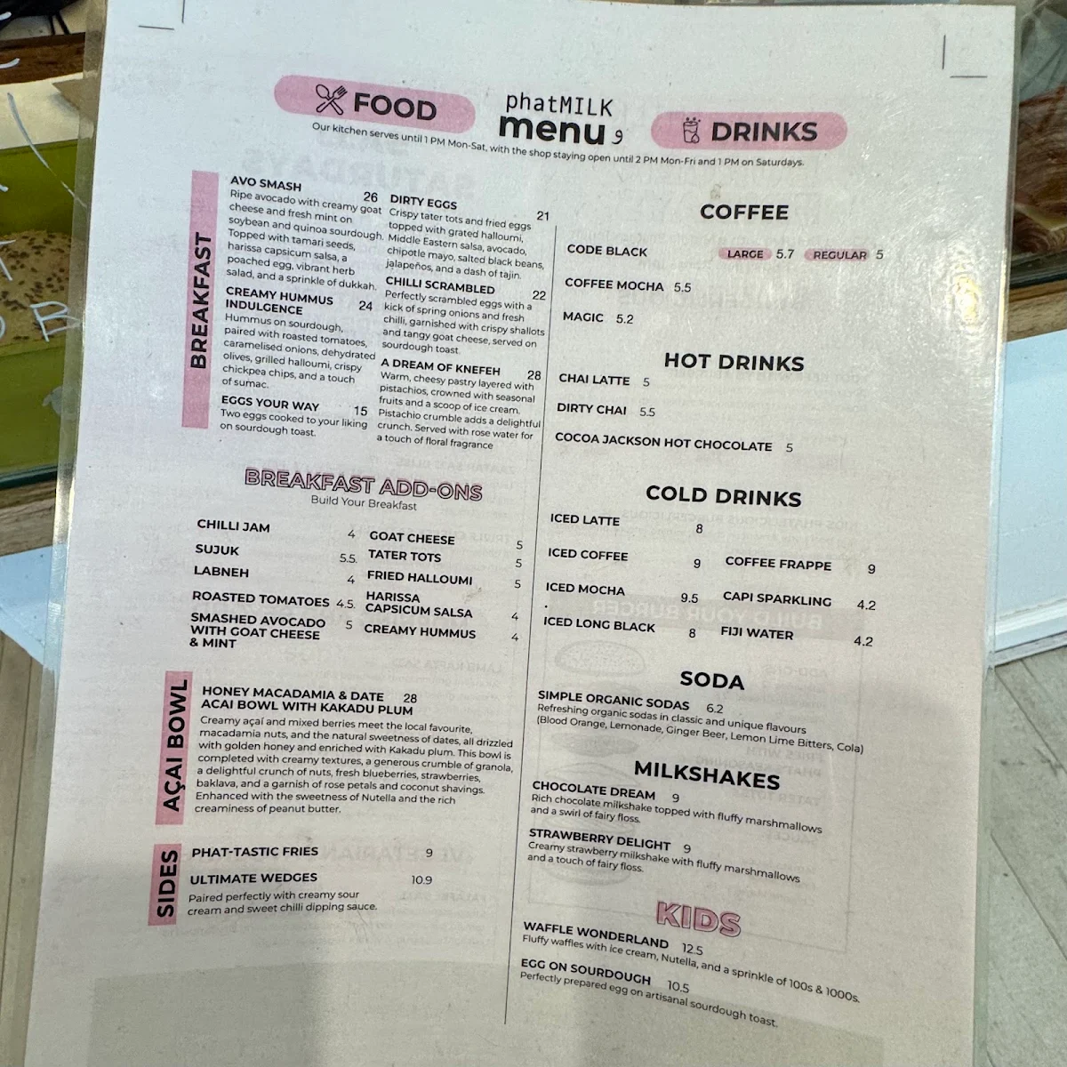 Menu, phatMILK Café