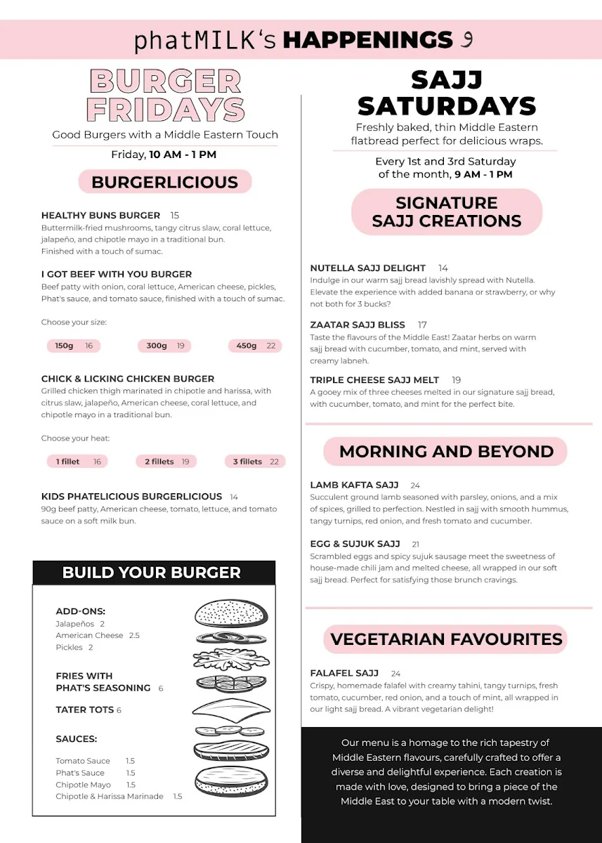 Menu, phatMILK Café
