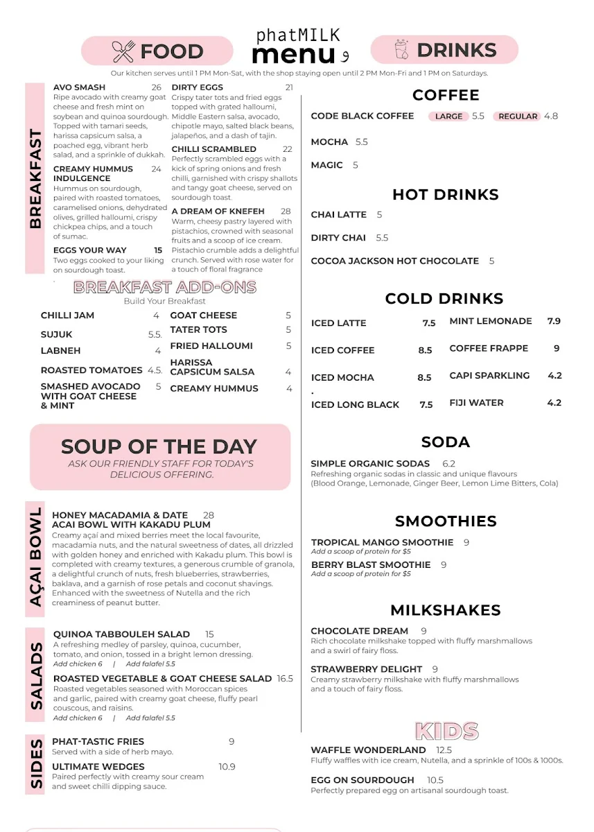 Menu, phatMILK Café