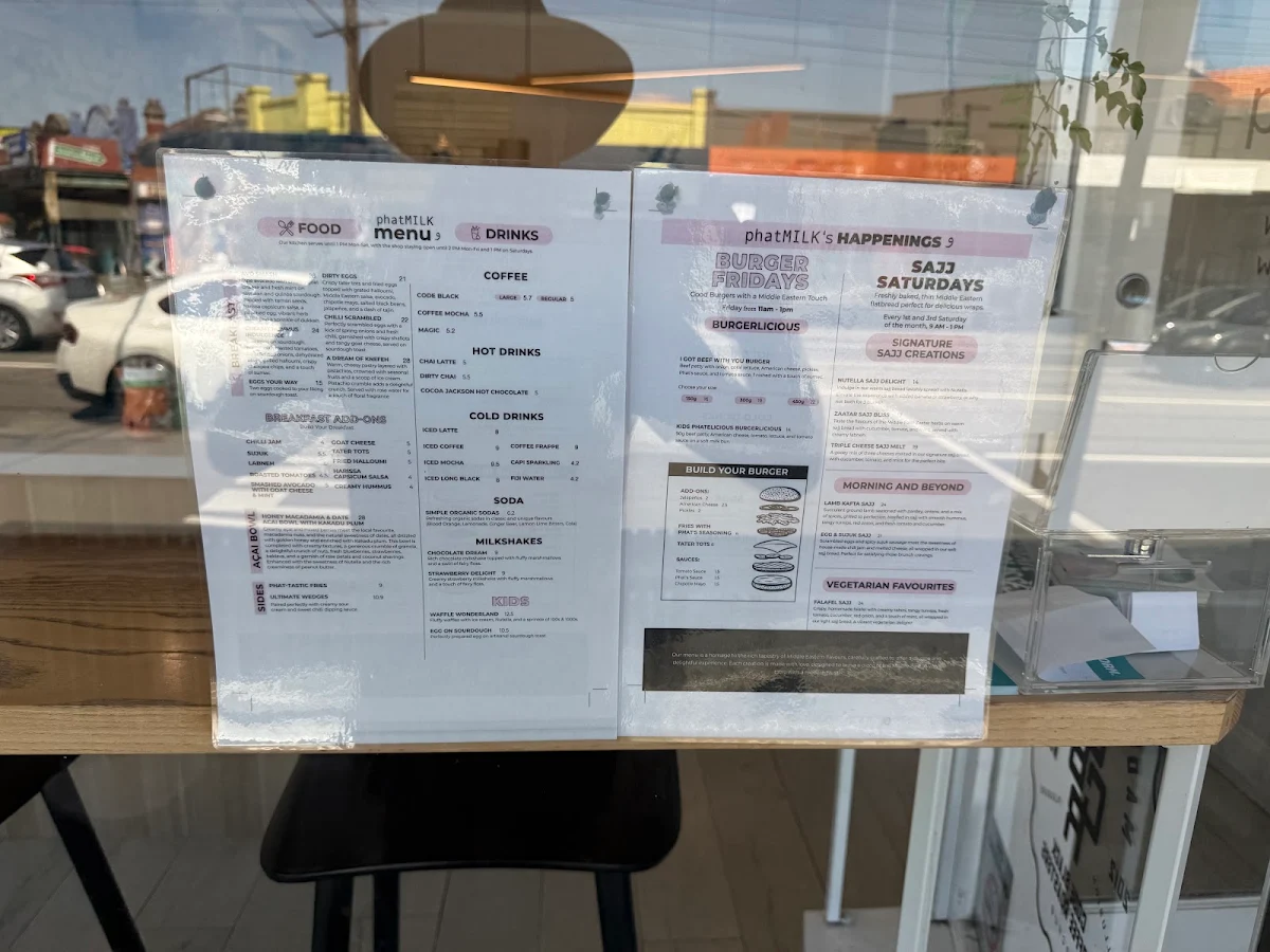 Menu, phatMILK Café
