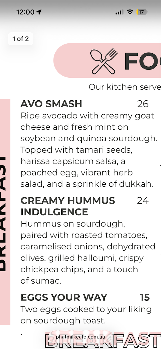 Menu, phatMILK Café