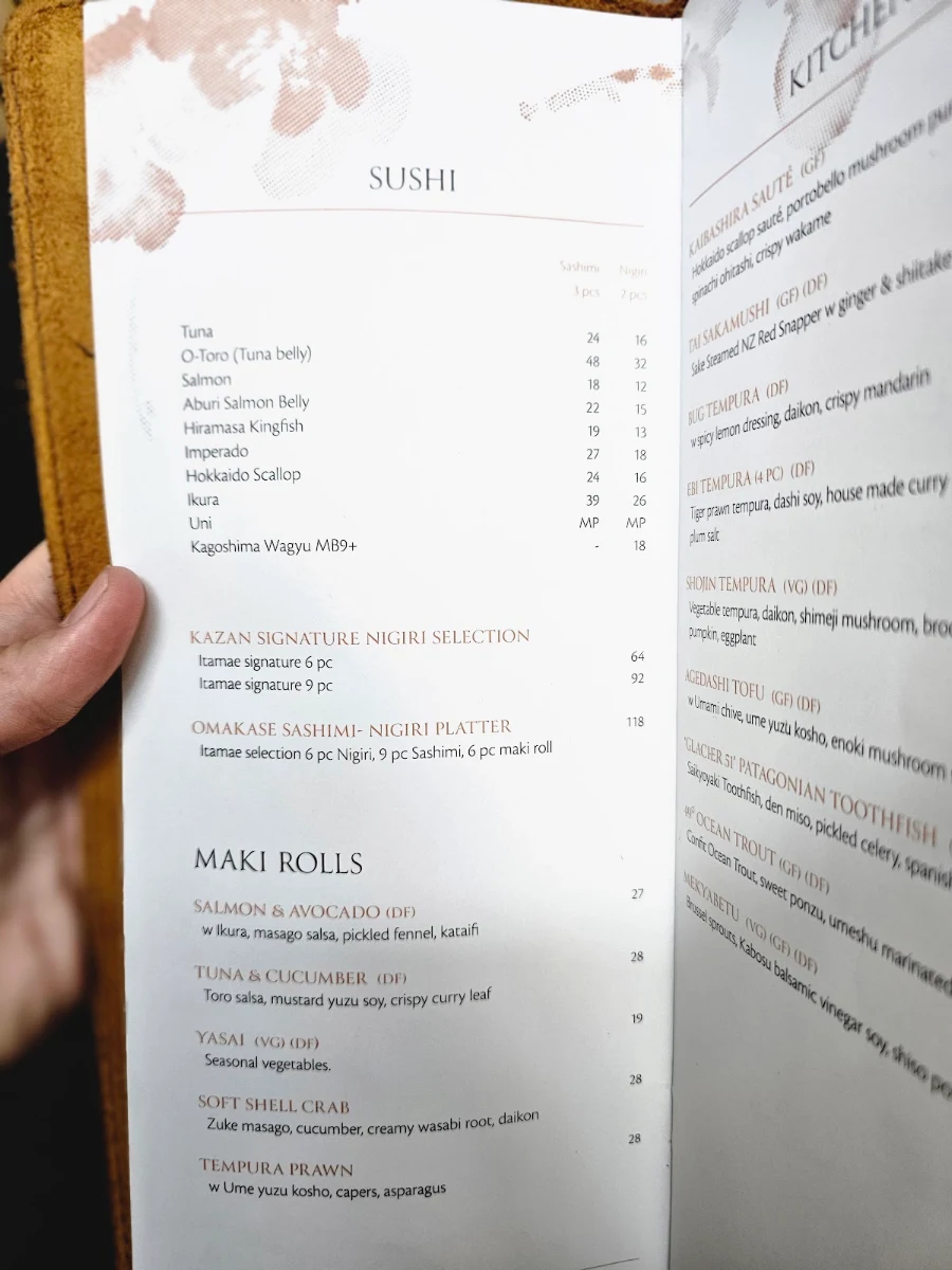 Menu, Kazan Japanese Dining