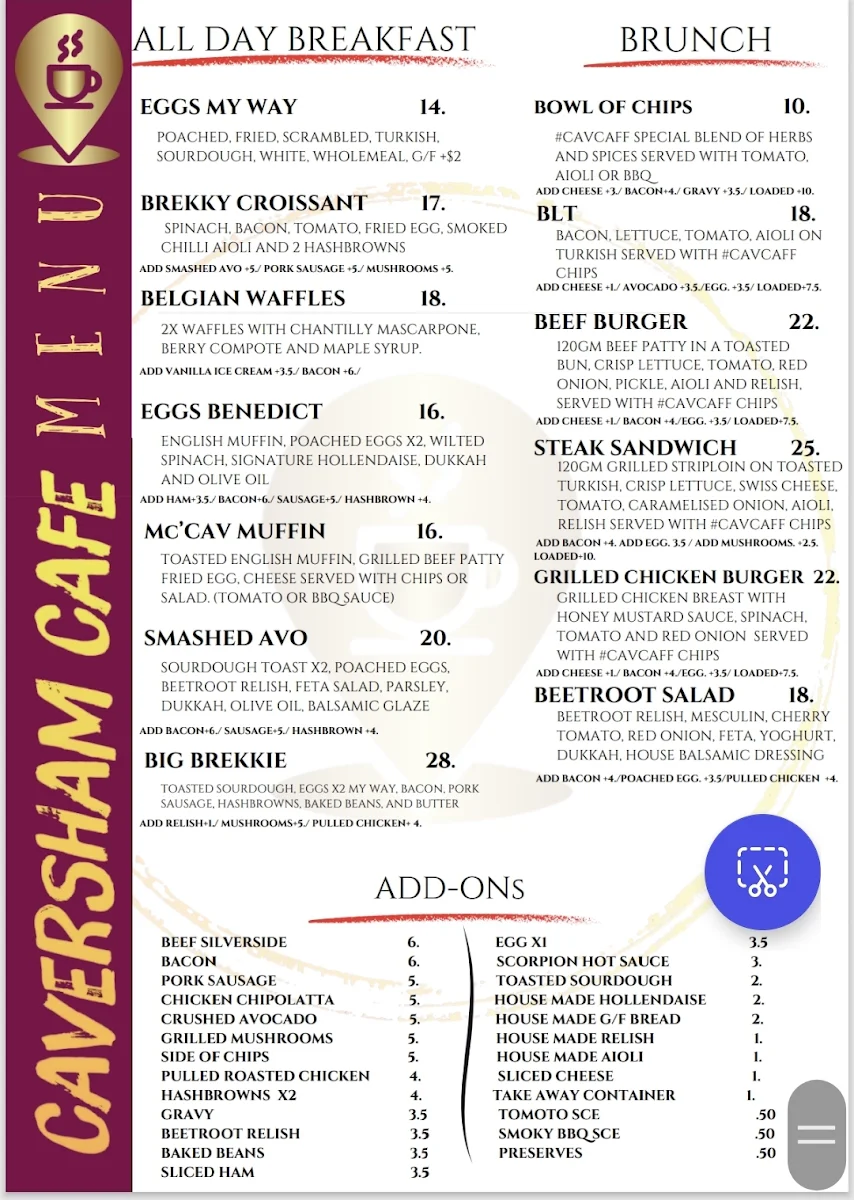 Menu, Caversham Cafe