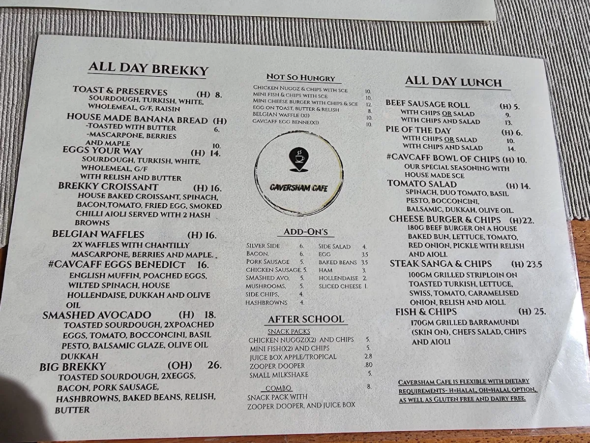 Menu, Caversham Cafe