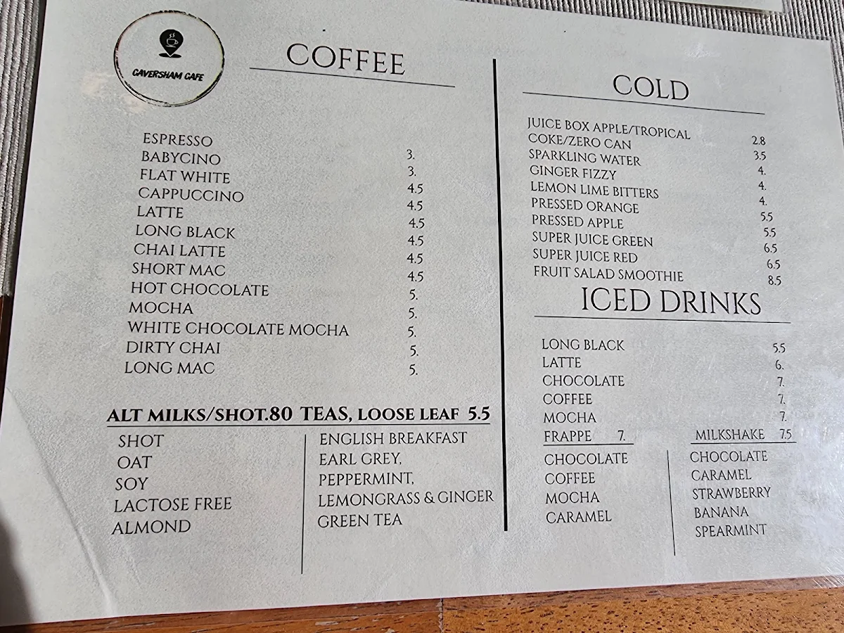 Menu, Caversham Cafe