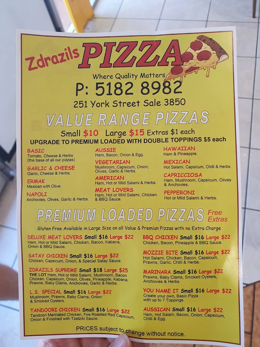 Menu, Zdrazil's Pizza