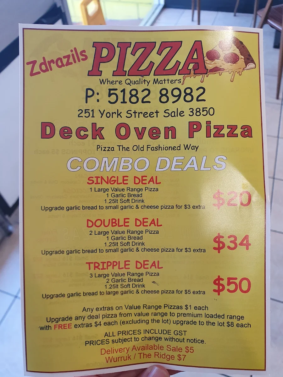 Menu, Zdrazil's Pizza
