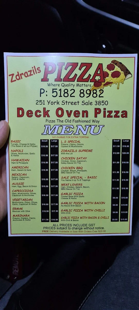 Menu, Zdrazil's Pizza