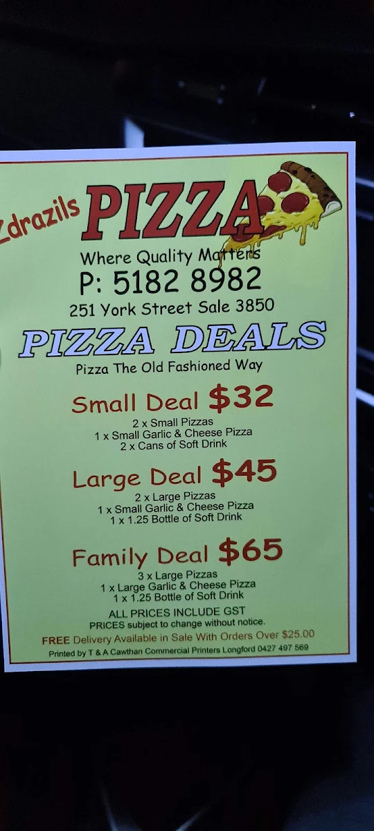 Menu, Zdrazil's Pizza