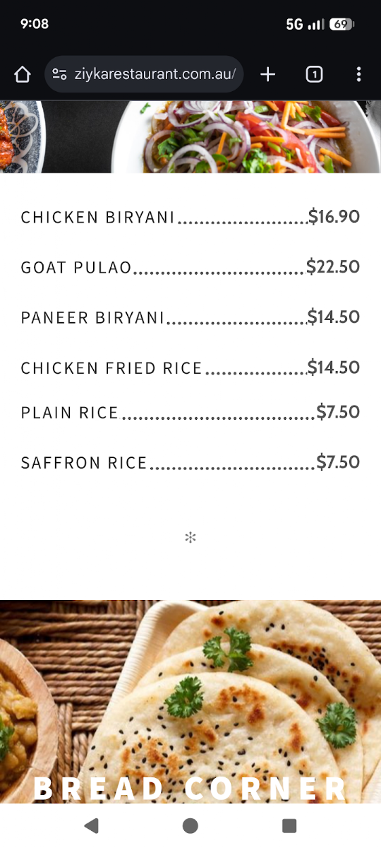 Menu, Ziyka Restaurant