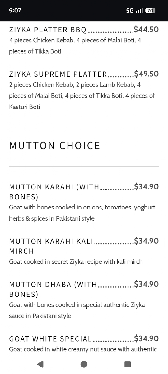 Menu, Ziyka Restaurant