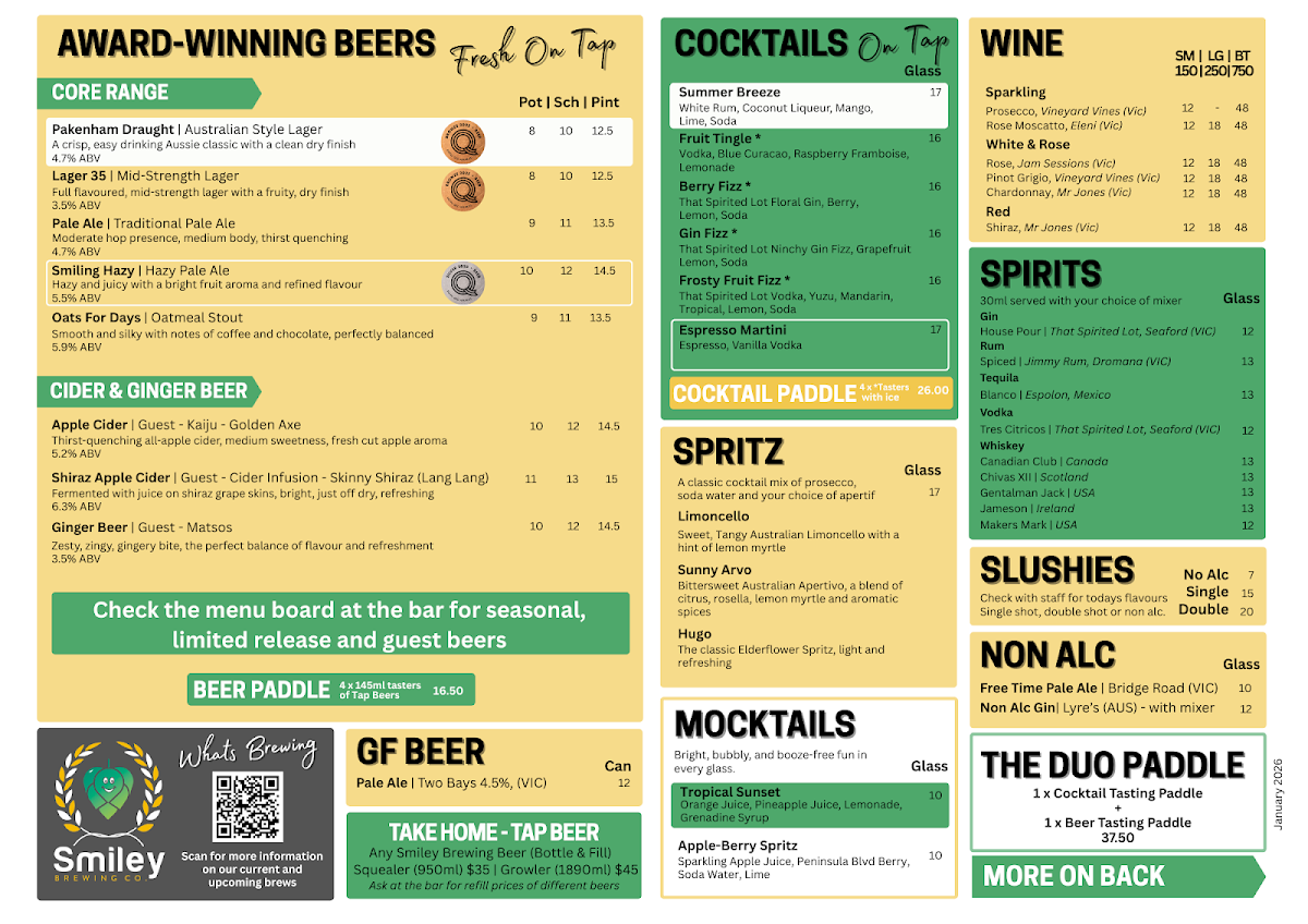 Menu, Smiley Brewing Co