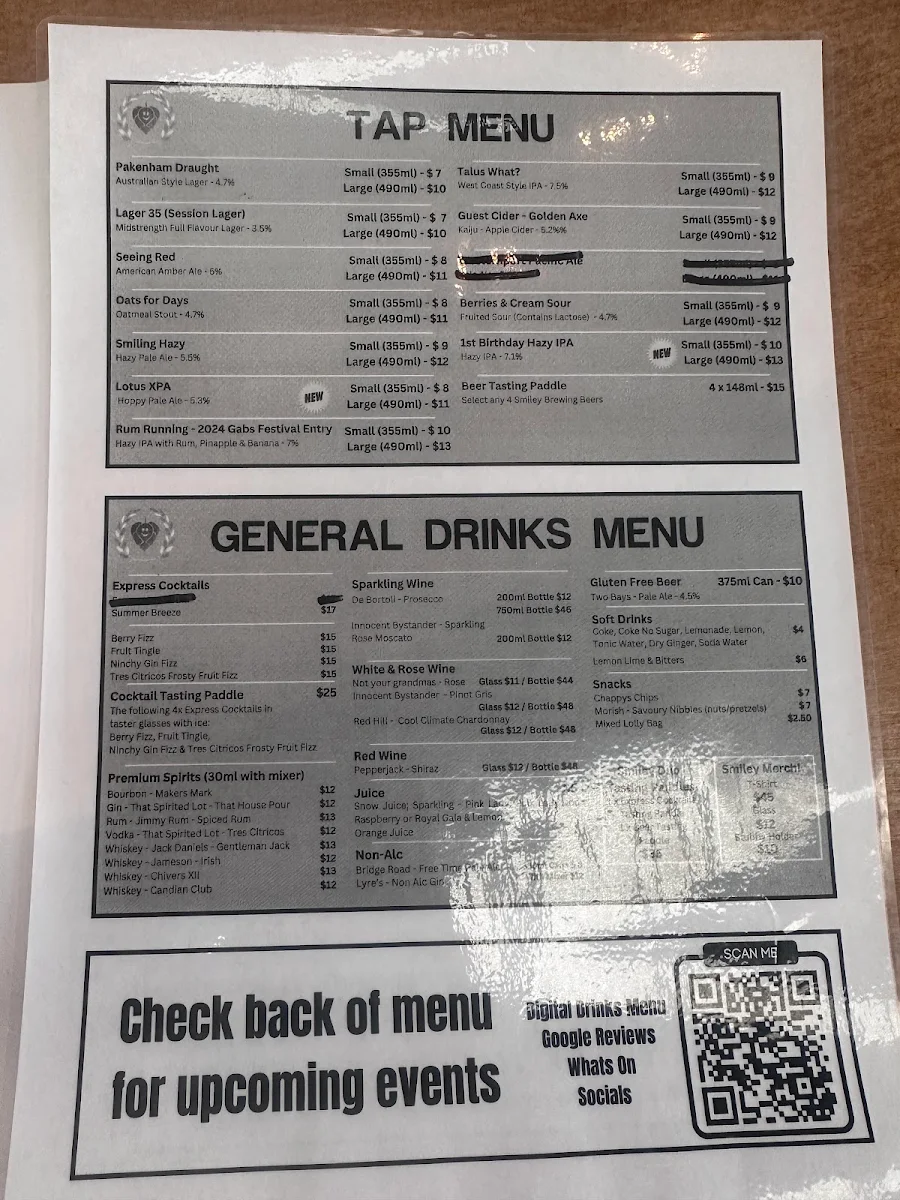Menu, Smiley Brewing Co
