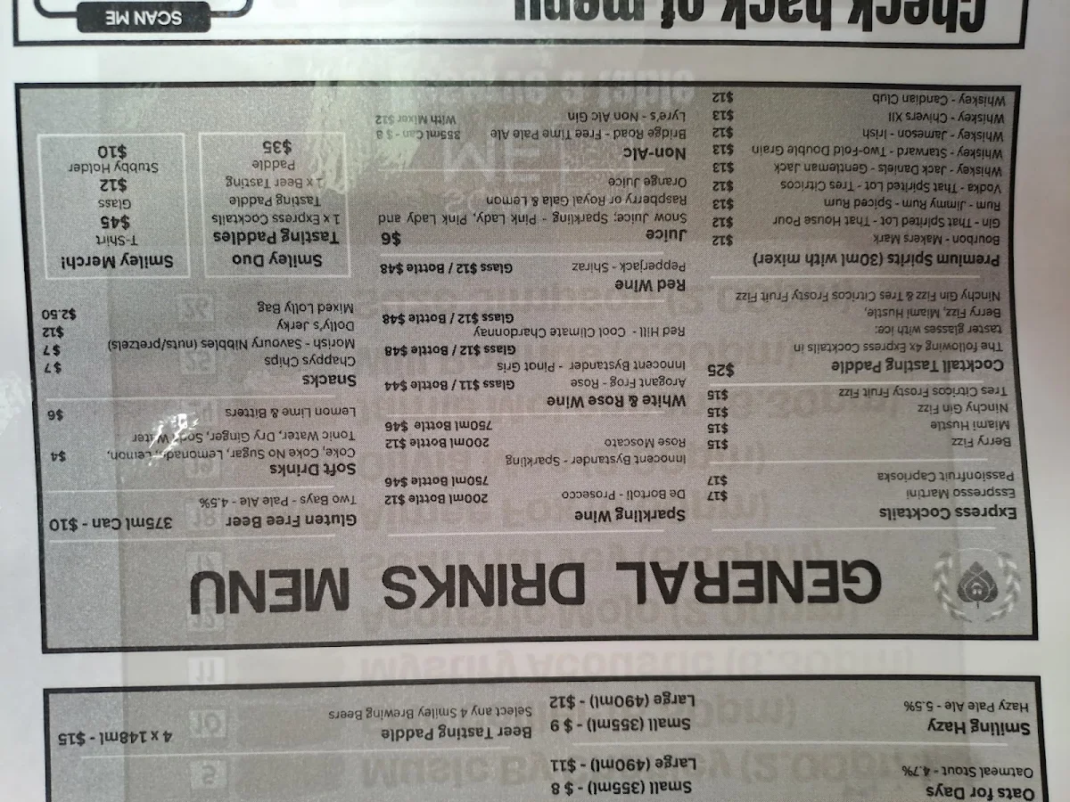 Menu, Smiley Brewing Co