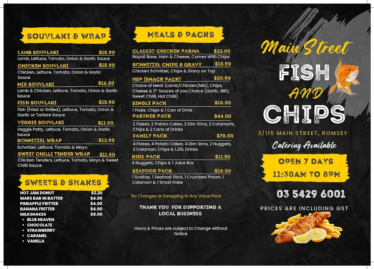Menu, Main St Fish & Chips & More, Romsey