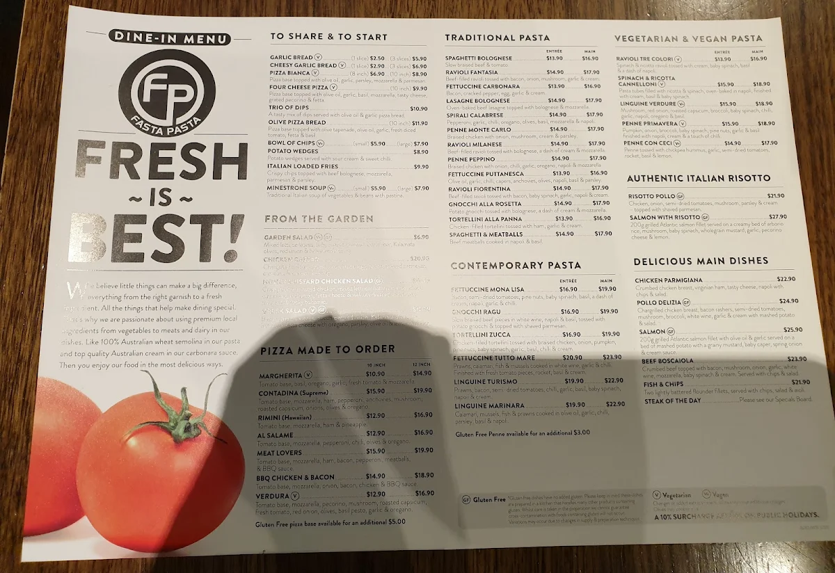 Menu, Fasta Pasta Sefton Park