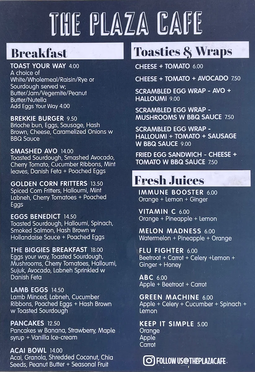 Menu, The Plaza Cafe Bankstown
