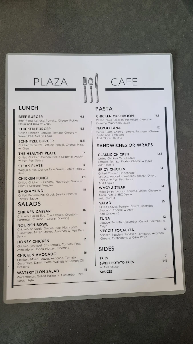 Menu, The Plaza Cafe Bankstown