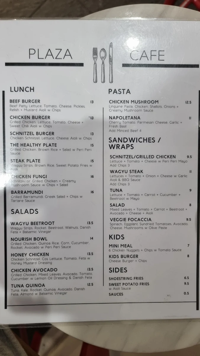 Menu, The Plaza Cafe Bankstown