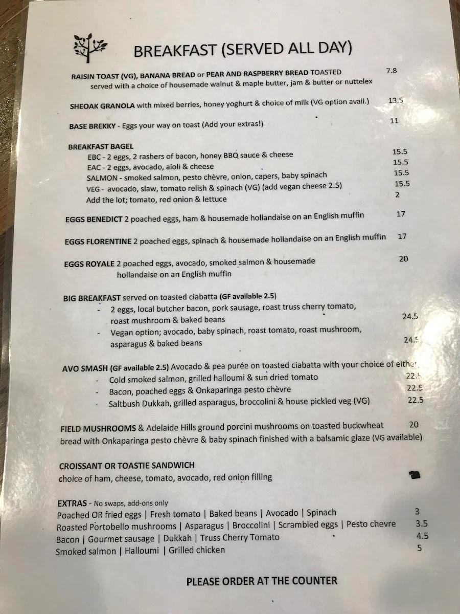 Menu, Sheoak Cafe