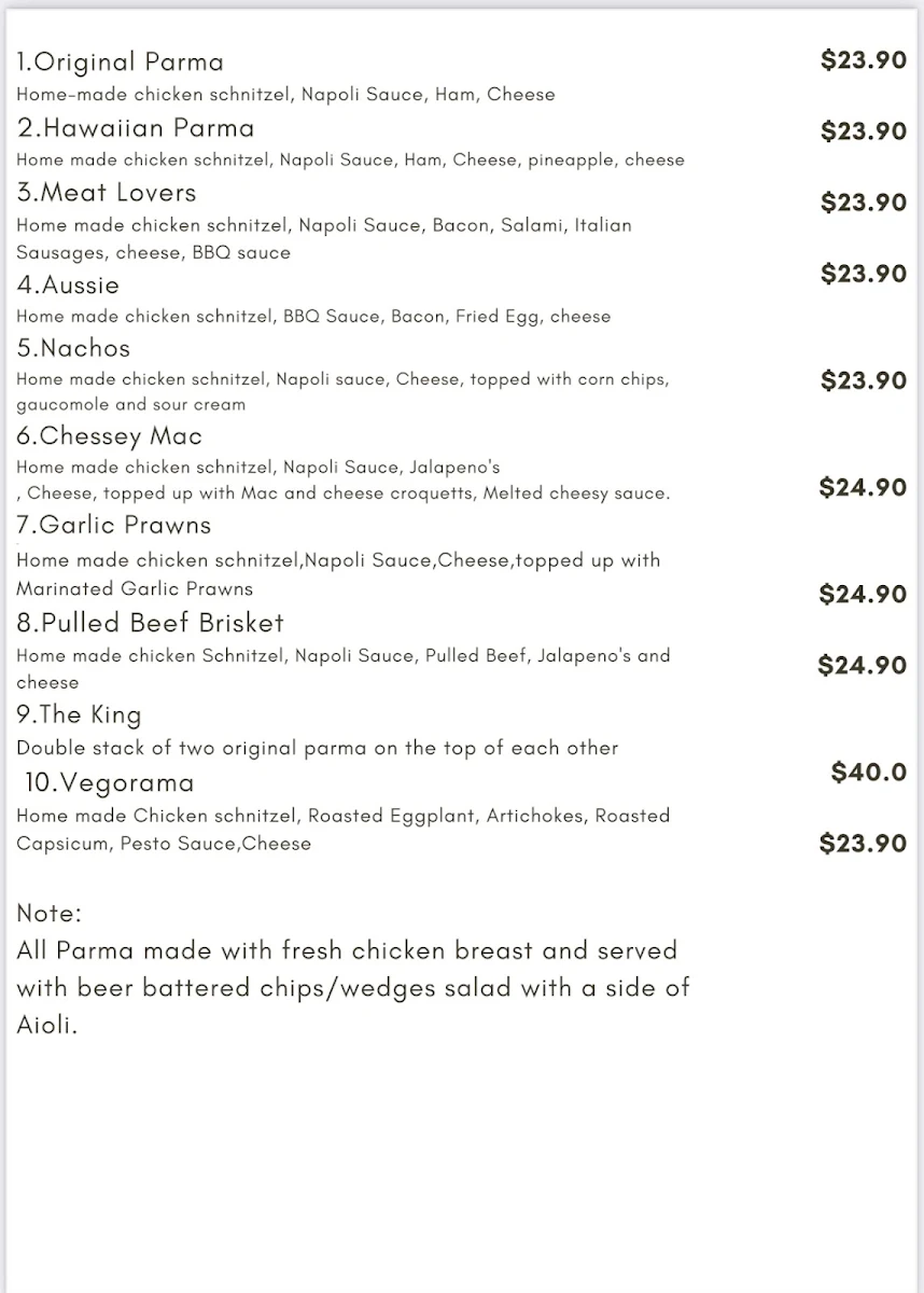 Menu, Parma Hub Chirnside park restaurants