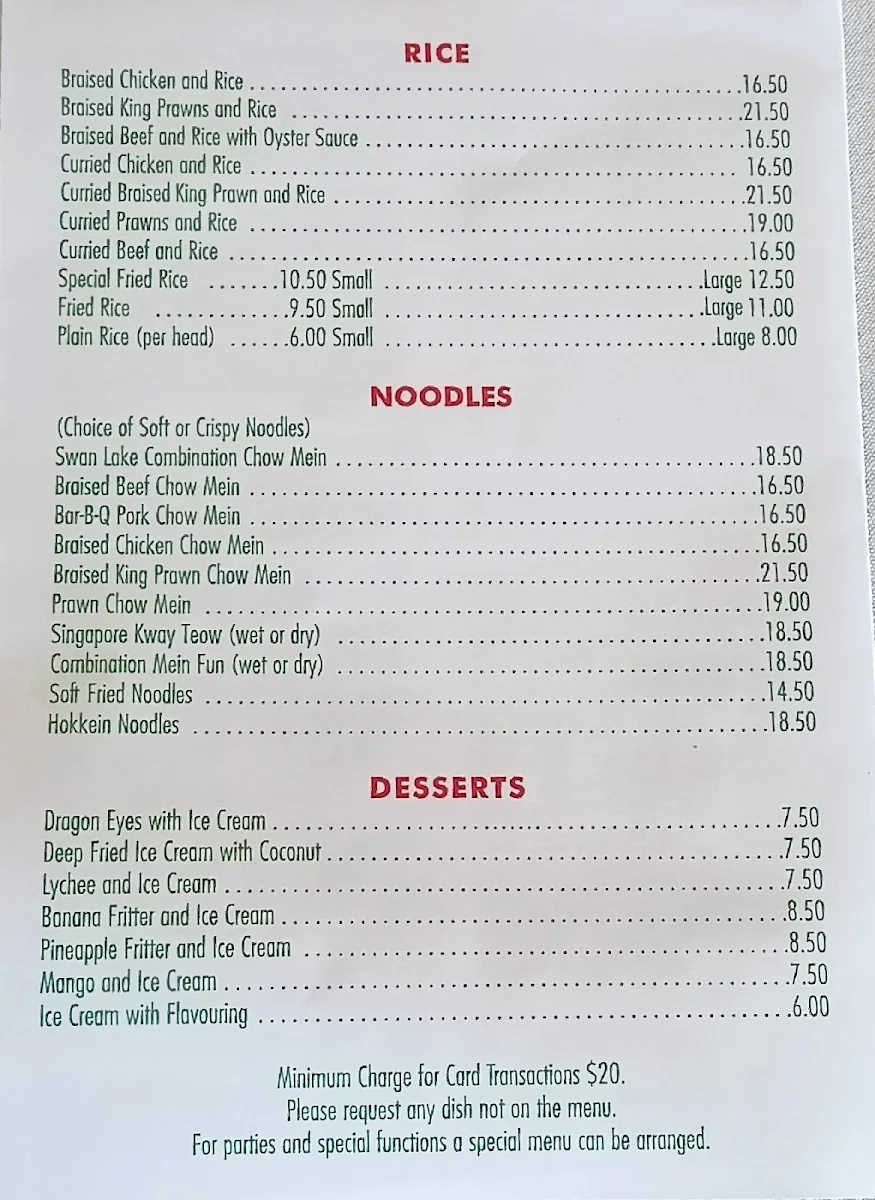 Menu, Swan Lake Chinese Restaurant