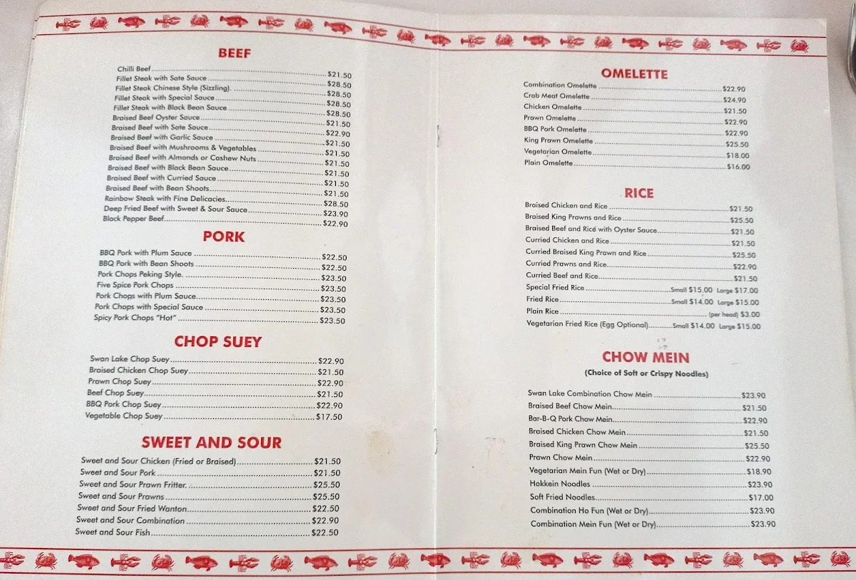 Menu, Swan Lake Chinese Restaurant