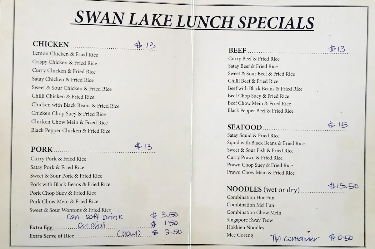 Menu, Swan Lake Chinese Restaurant