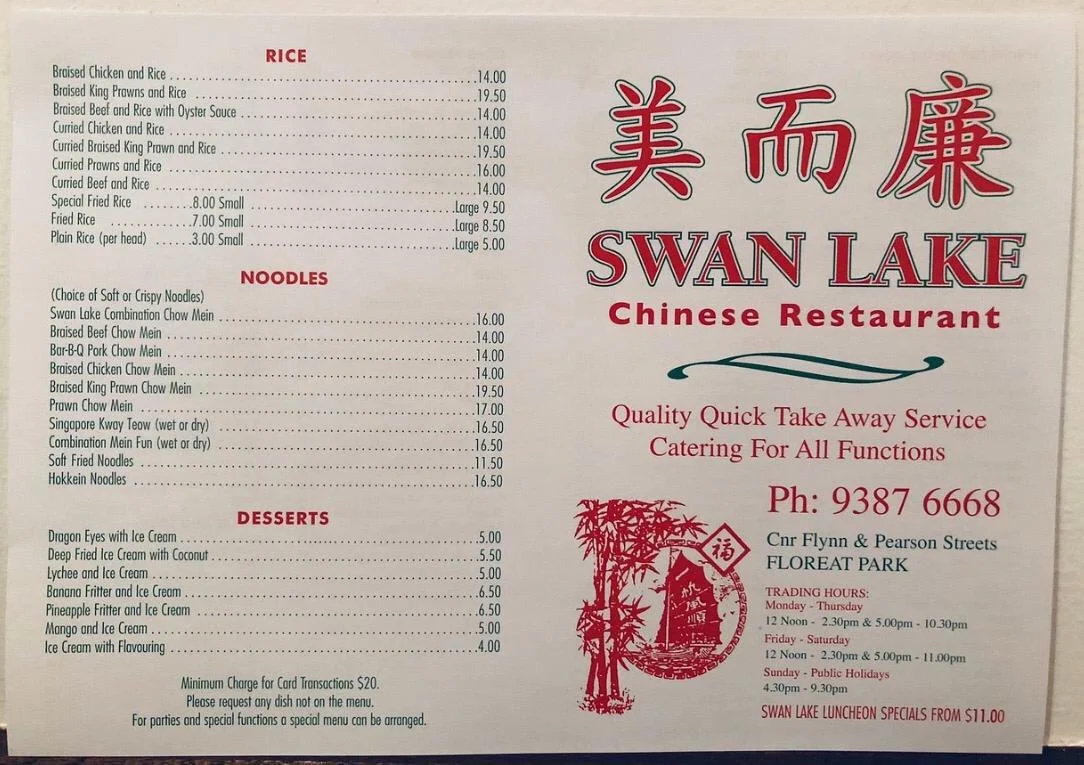 Menu, Swan Lake Chinese Restaurant